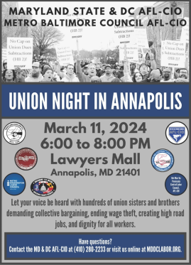 Union Night In Annapolis on March 11th from 6:00pm - 8:00pm at Lawyers Mall